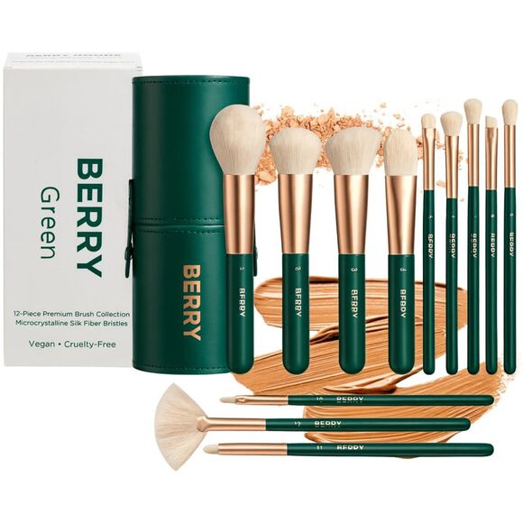 Berry Green 12-Pieces Premium Ultra-Soft Synthetic Makeup Brushes Set With Case